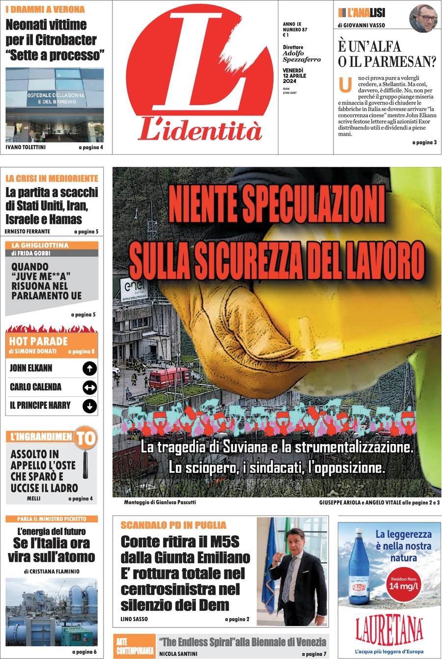 anteprima della prima pagina di lidentit del 11/04/2024