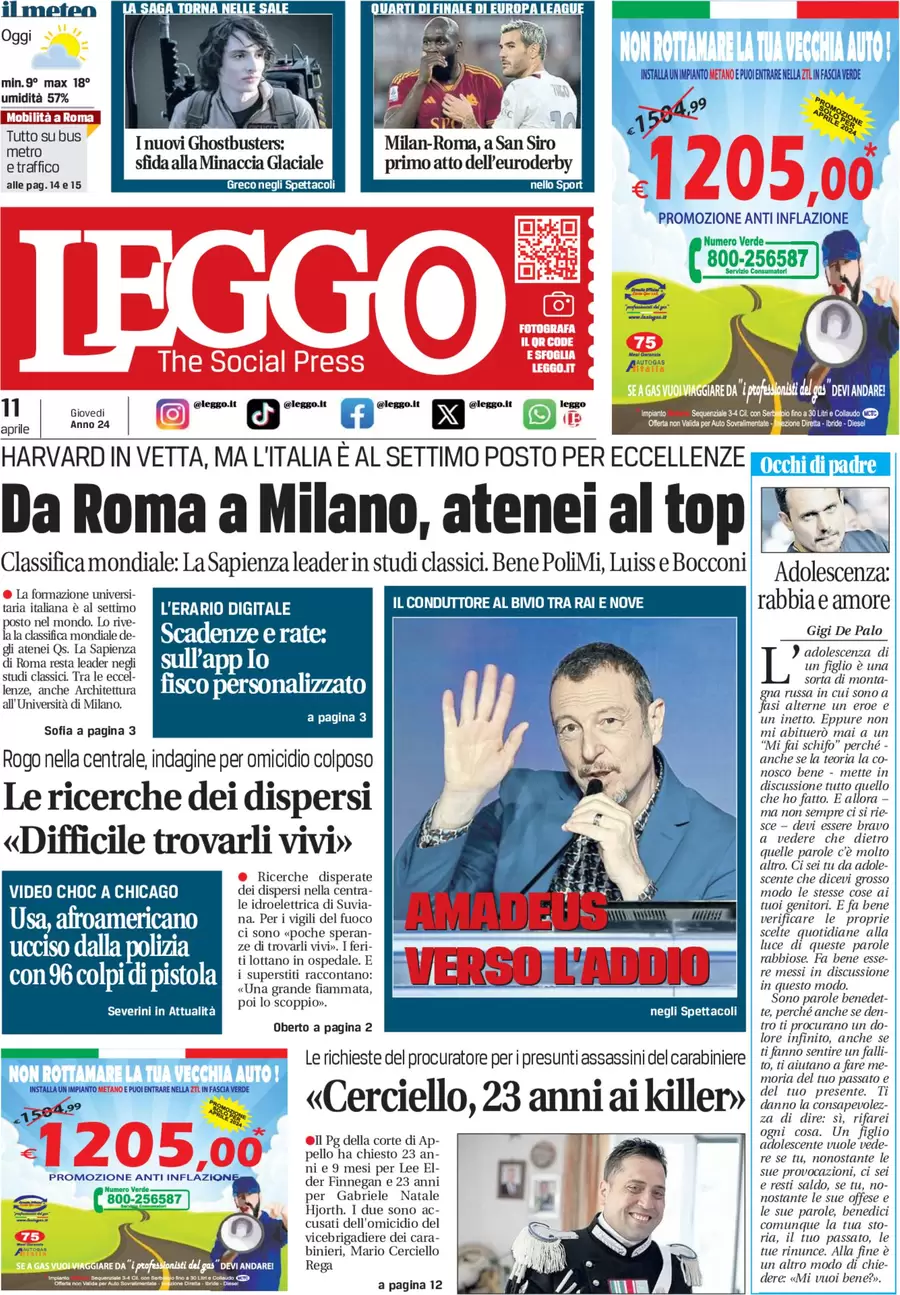 anteprima della prima pagina di leggo-roma del 11/04/2024