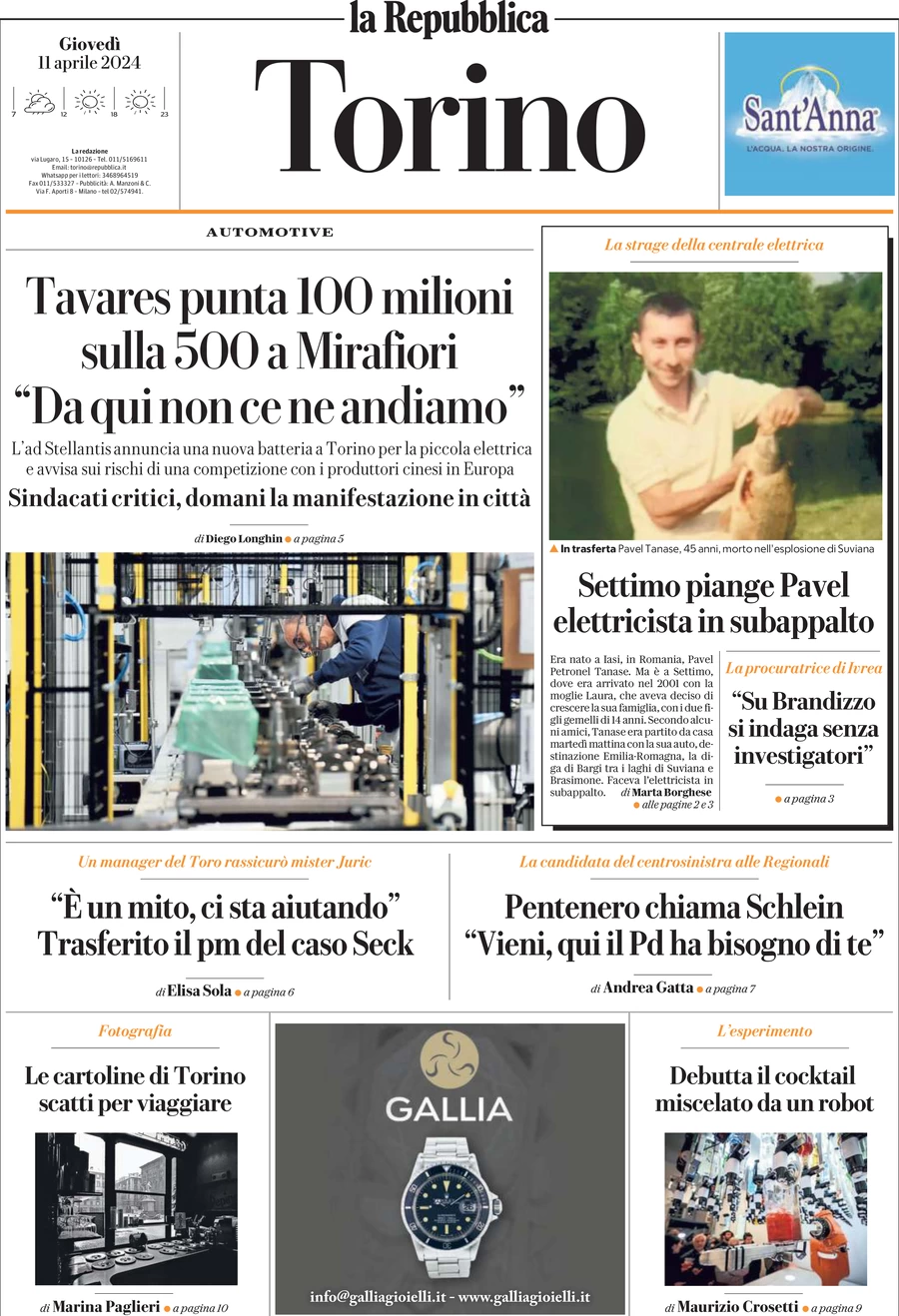 prima pagina - La Repubblica (Torino) del 11/04/2024
