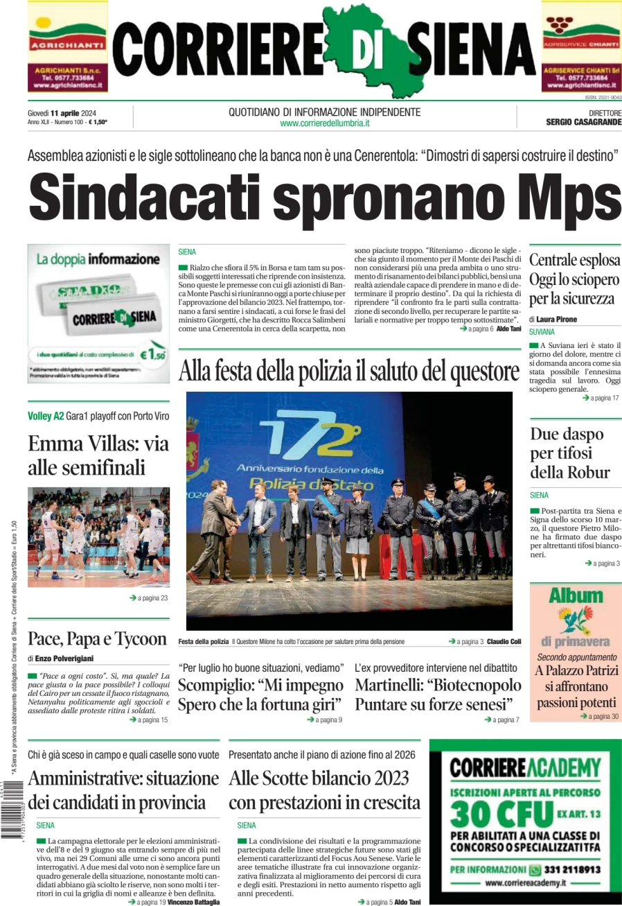 prima pagina - Corriere di Siena del 11/04/2024
