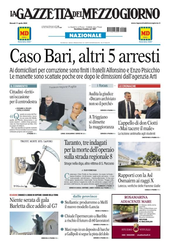 prima pagina - La Gazzetta del Mezzogiorno (Bari) del 11/04/2024