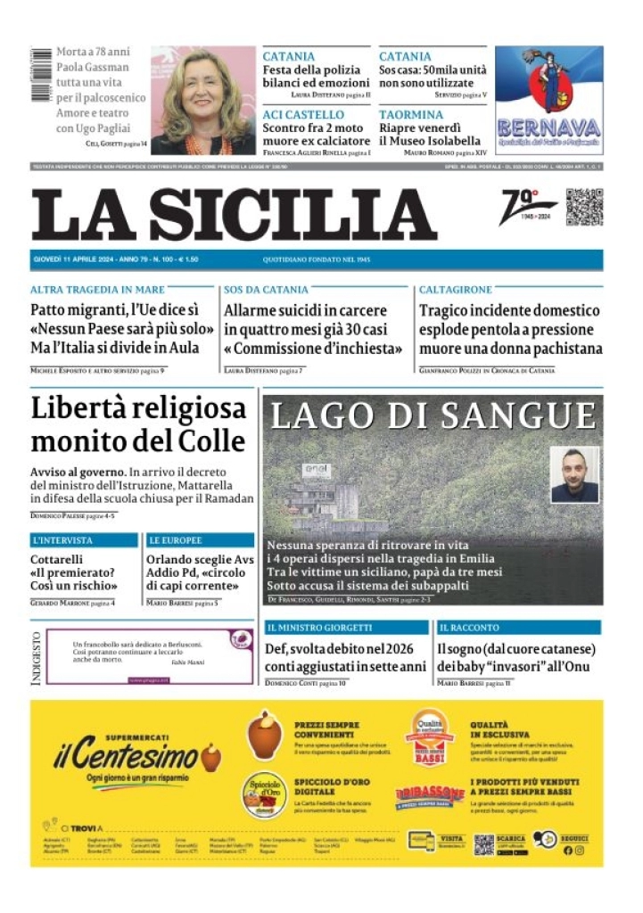 prima pagina - La Sicilia del 11/04/2024