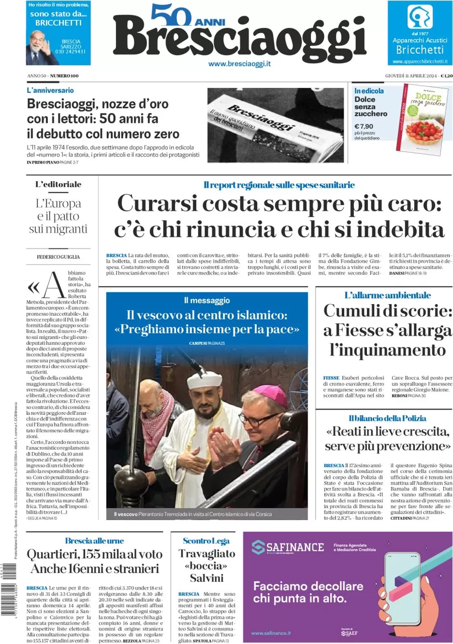 prima pagina - Brescia Oggi del 11/04/2024