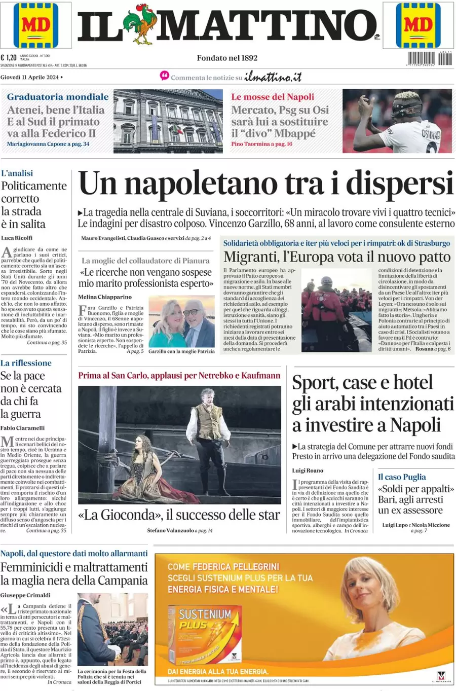 anteprima della prima pagina di il-mattino del 11/04/2024