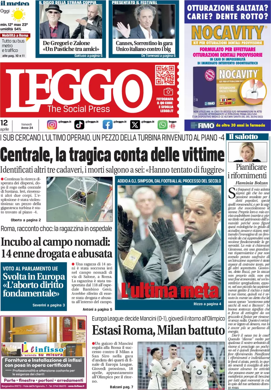 anteprima della prima pagina di leggo-roma del 12/04/2024