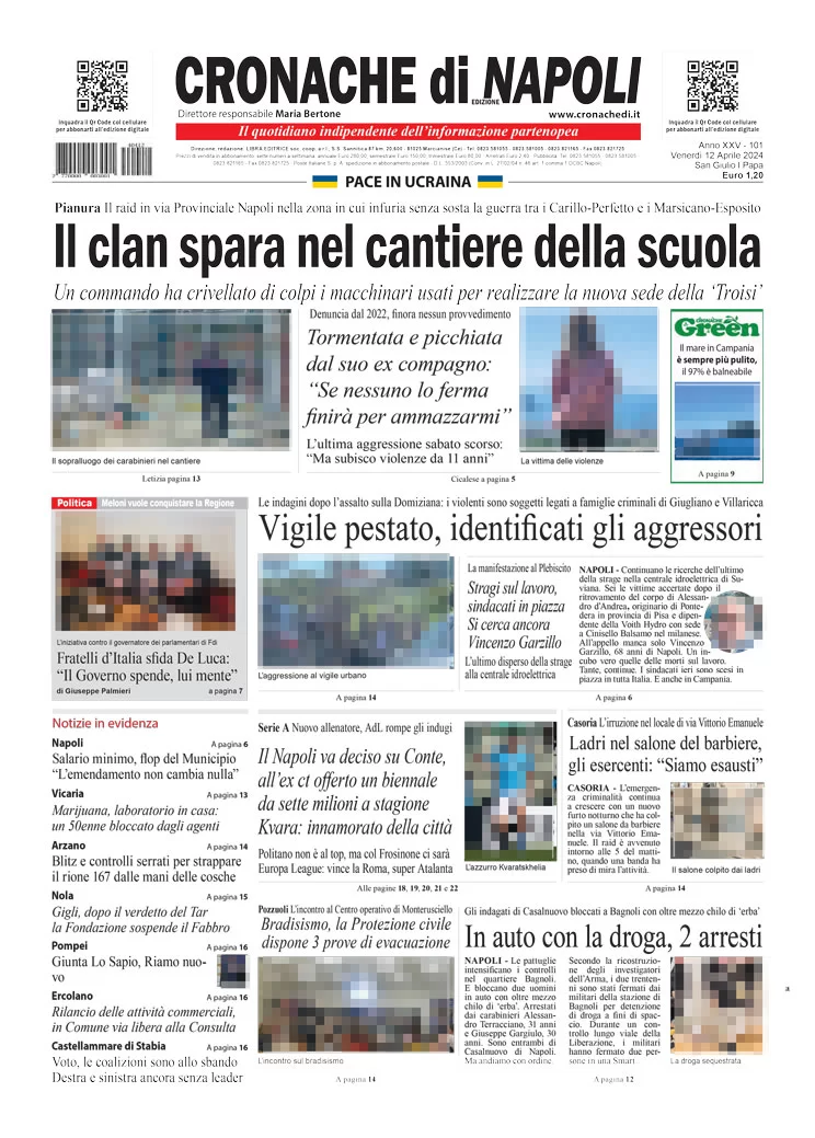 anteprima della prima pagina di cronache-di-napoli del 12/04/2024