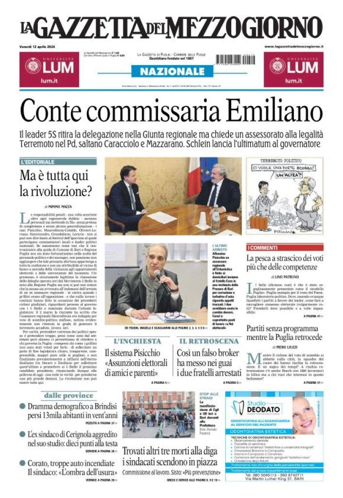 prima pagina - La Gazzetta del Mezzogiorno (Bari) del 12/04/2024