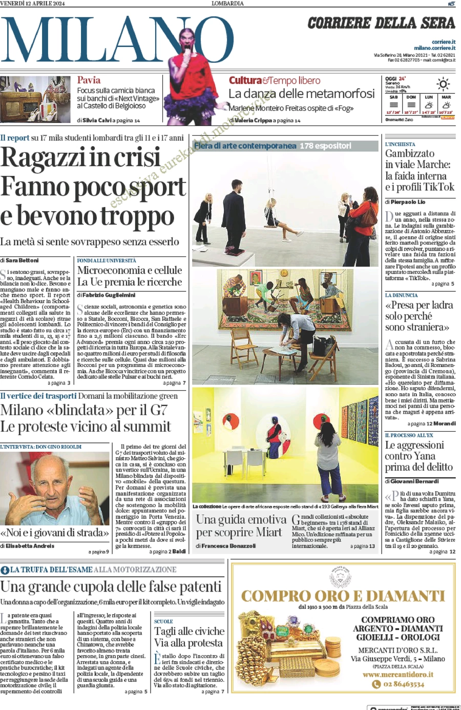 prima pagina - Corriere della Sera (Milano) del 12/04/2024