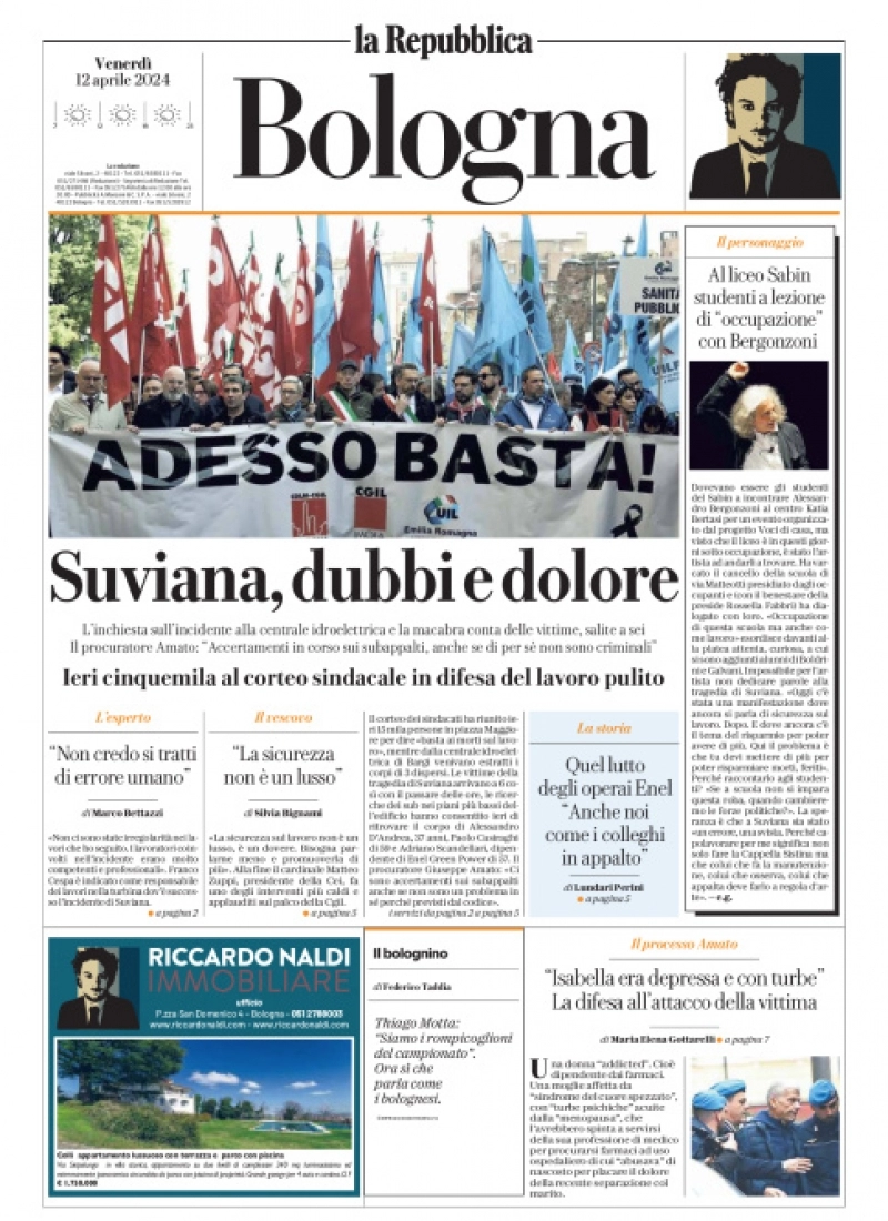 prima pagina - La Repubblica (Bologna) del 12/04/2024