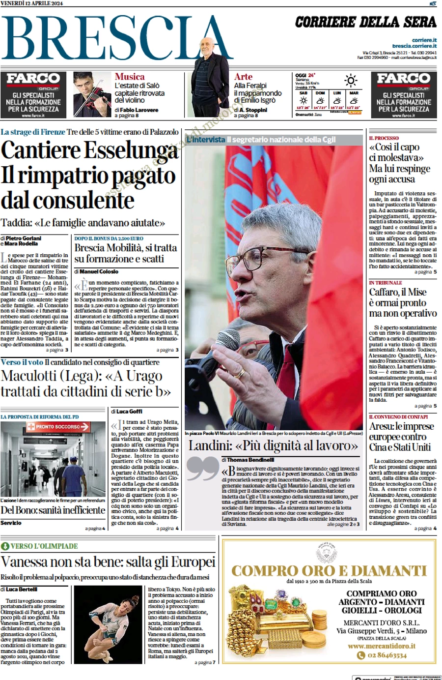 prima pagina - Corriere della Sera (Brescia) del 12/04/2024
