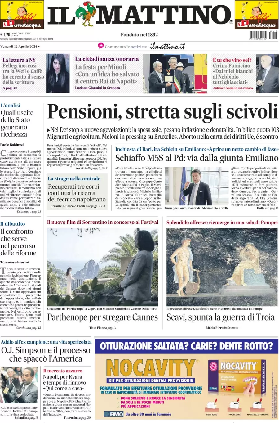 anteprima della prima pagina di il-mattino del 12/04/2024