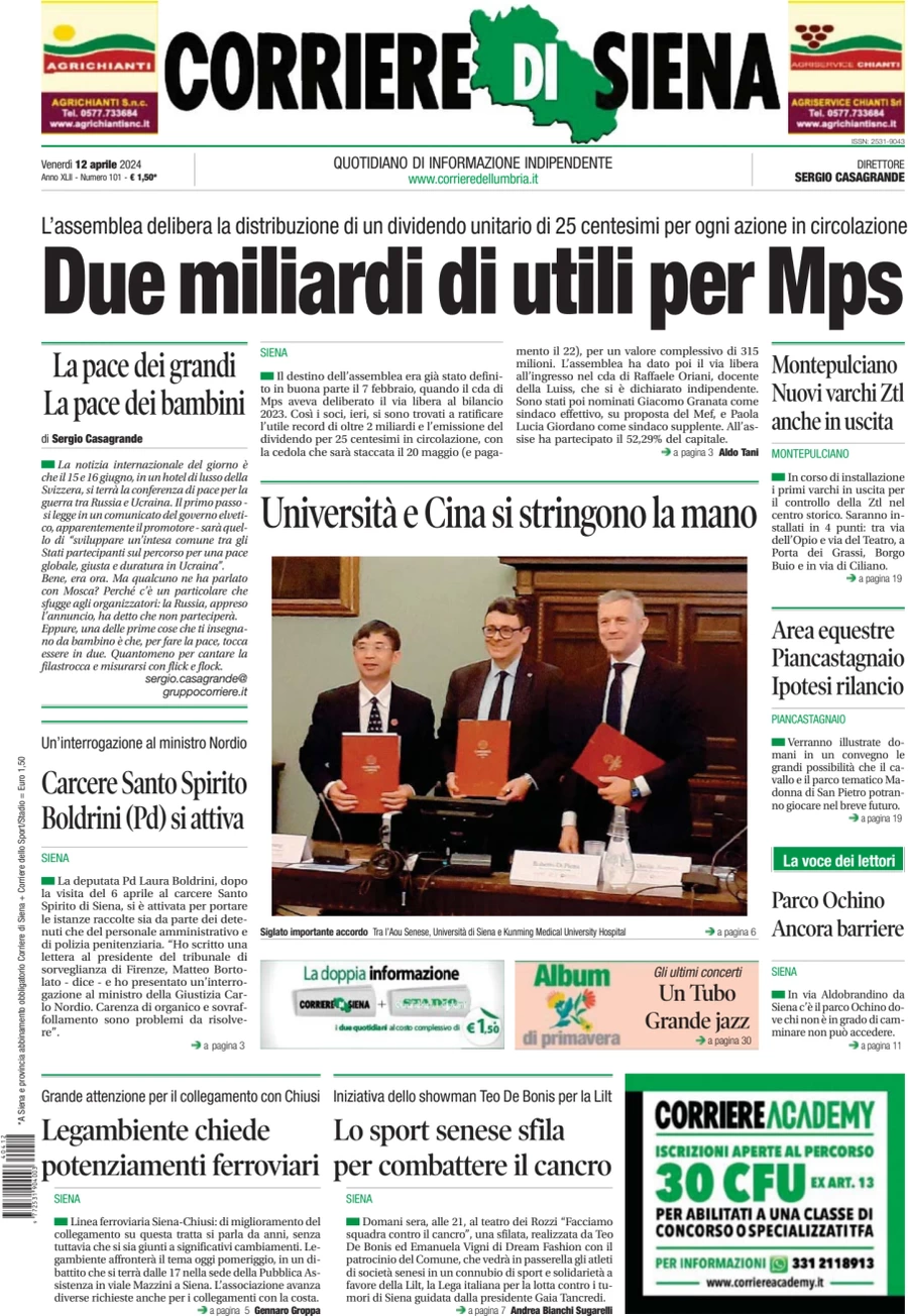 prima pagina - Corriere di Siena del 12/04/2024