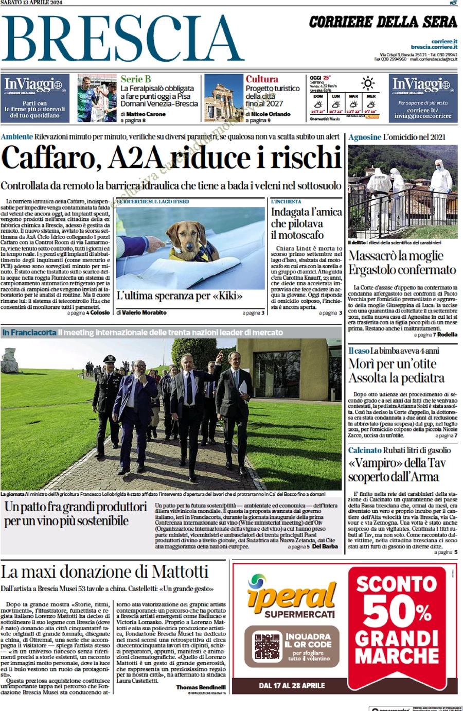 prima pagina - Corriere della Sera (Brescia) del 13/04/2024