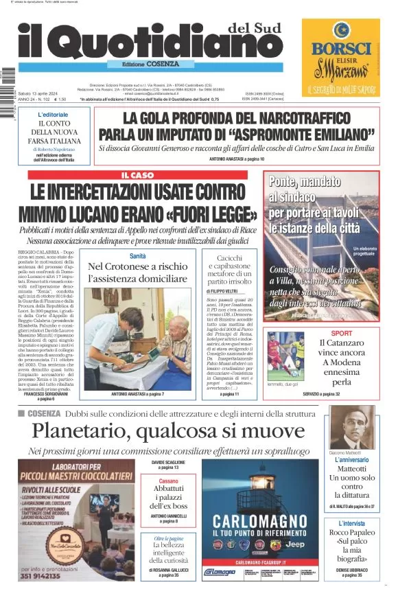 prima pagina - Il Quotidiano del Sud (Cosenza) del 13/04/2024