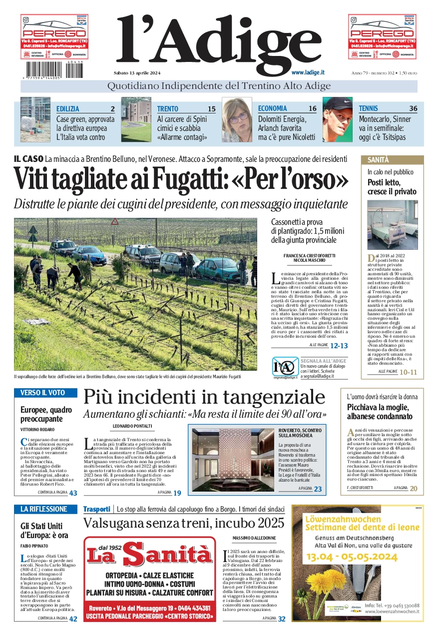 prima pagina - L'Adige del 13/04/2024