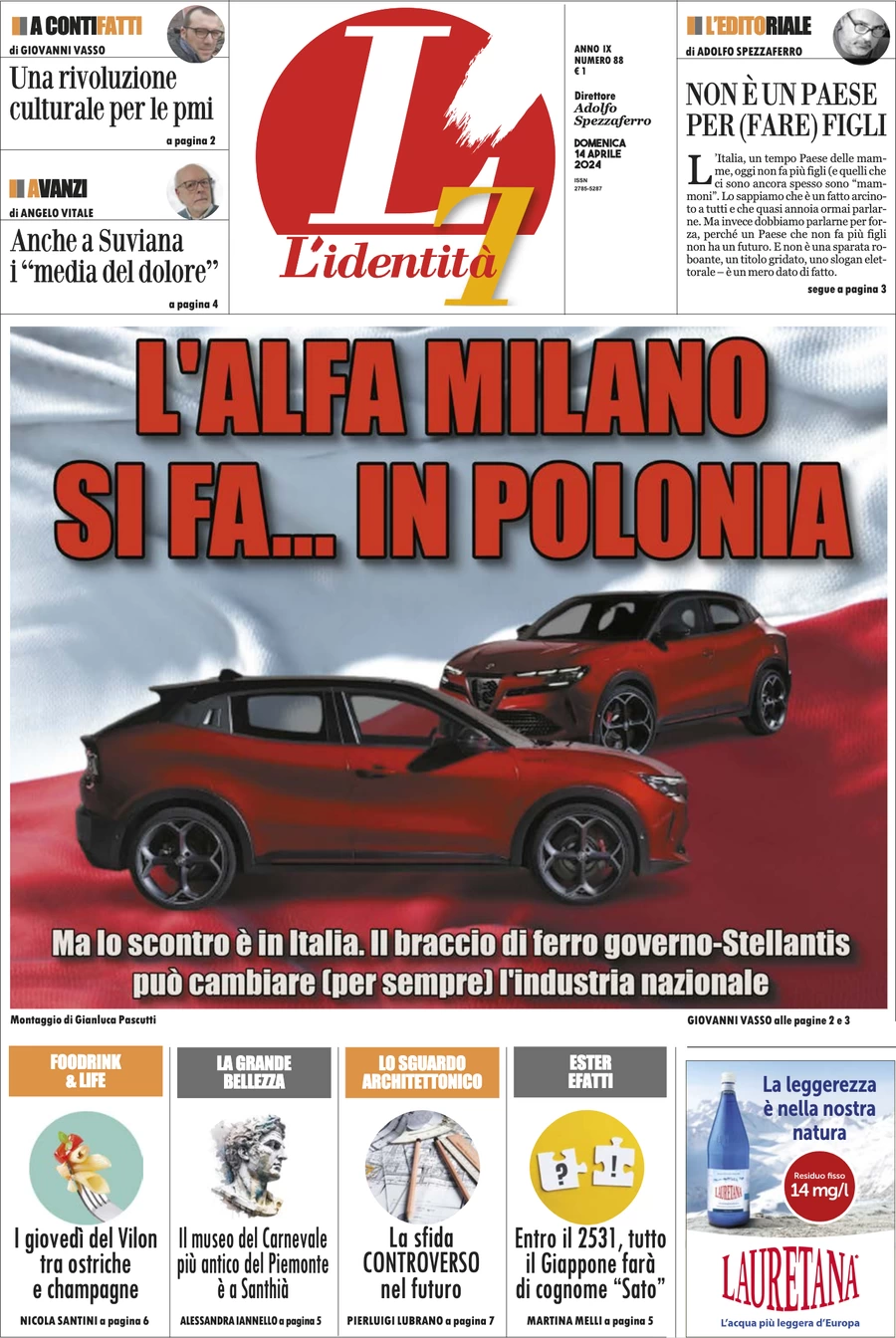 anteprima della prima pagina di lidentit del 13/04/2024