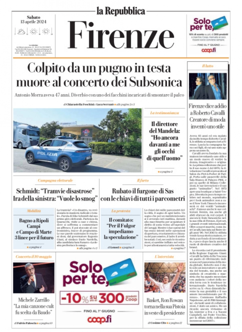 prima pagina - La Repubblica (Firenze) del 13/04/2024