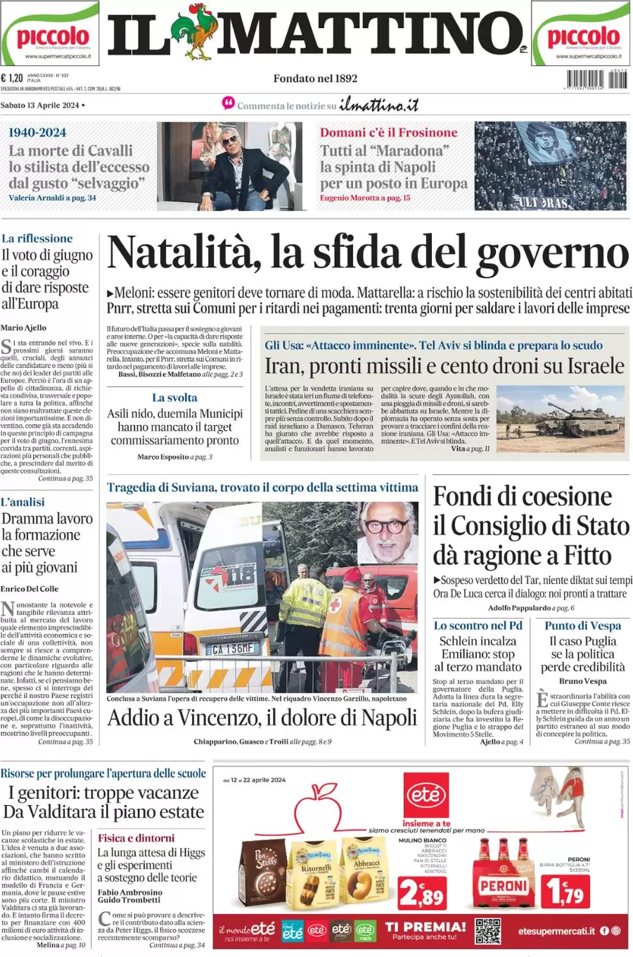 anteprima della prima pagina di il-mattino del 13/04/2024