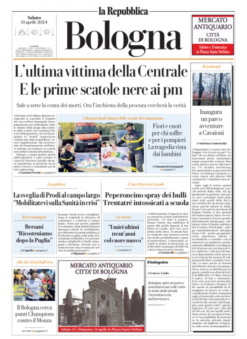 prima pagina - La Repubblica (Bologna) del 13/04/2024