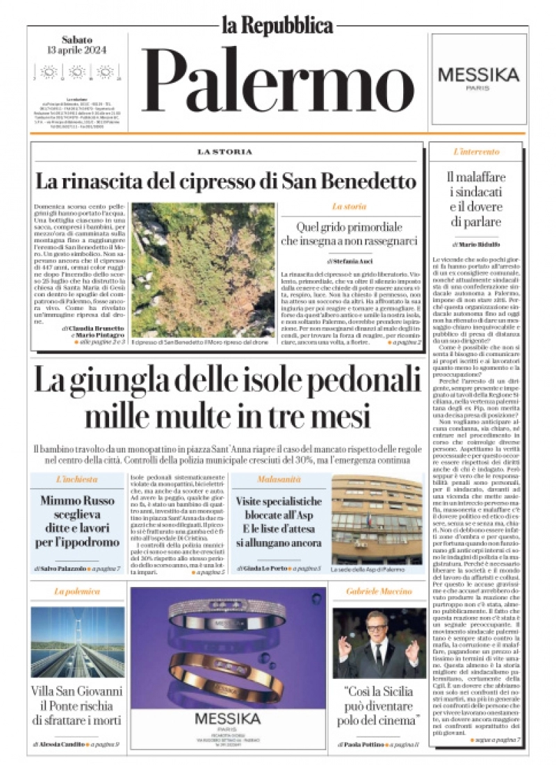 prima pagina - La Repubblica (Palermo) del 13/04/2024