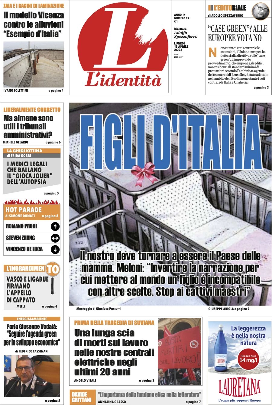anteprima della prima pagina di lidentit del 14/04/2024