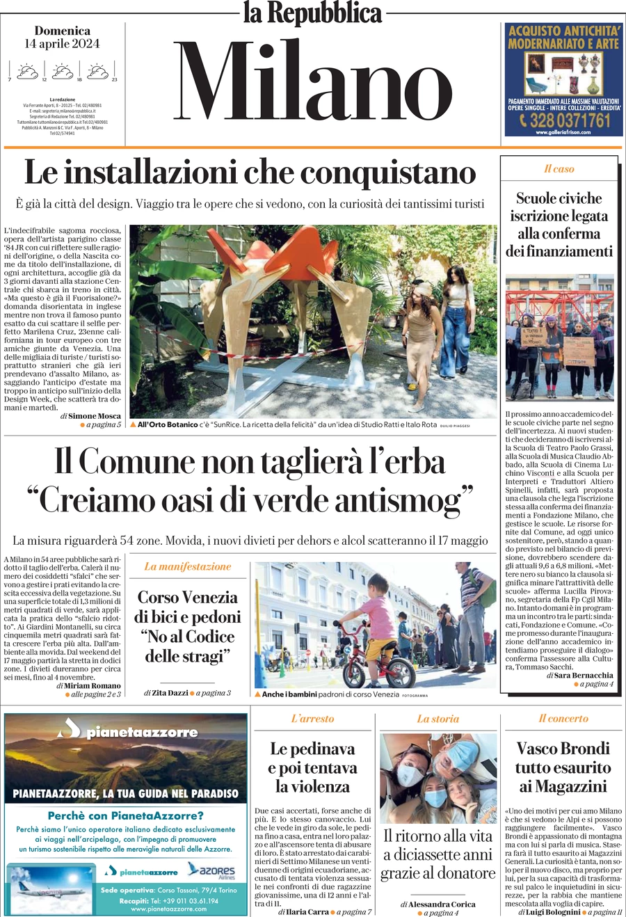 prima pagina - La Repubblica (Milano) del 14/04/2024