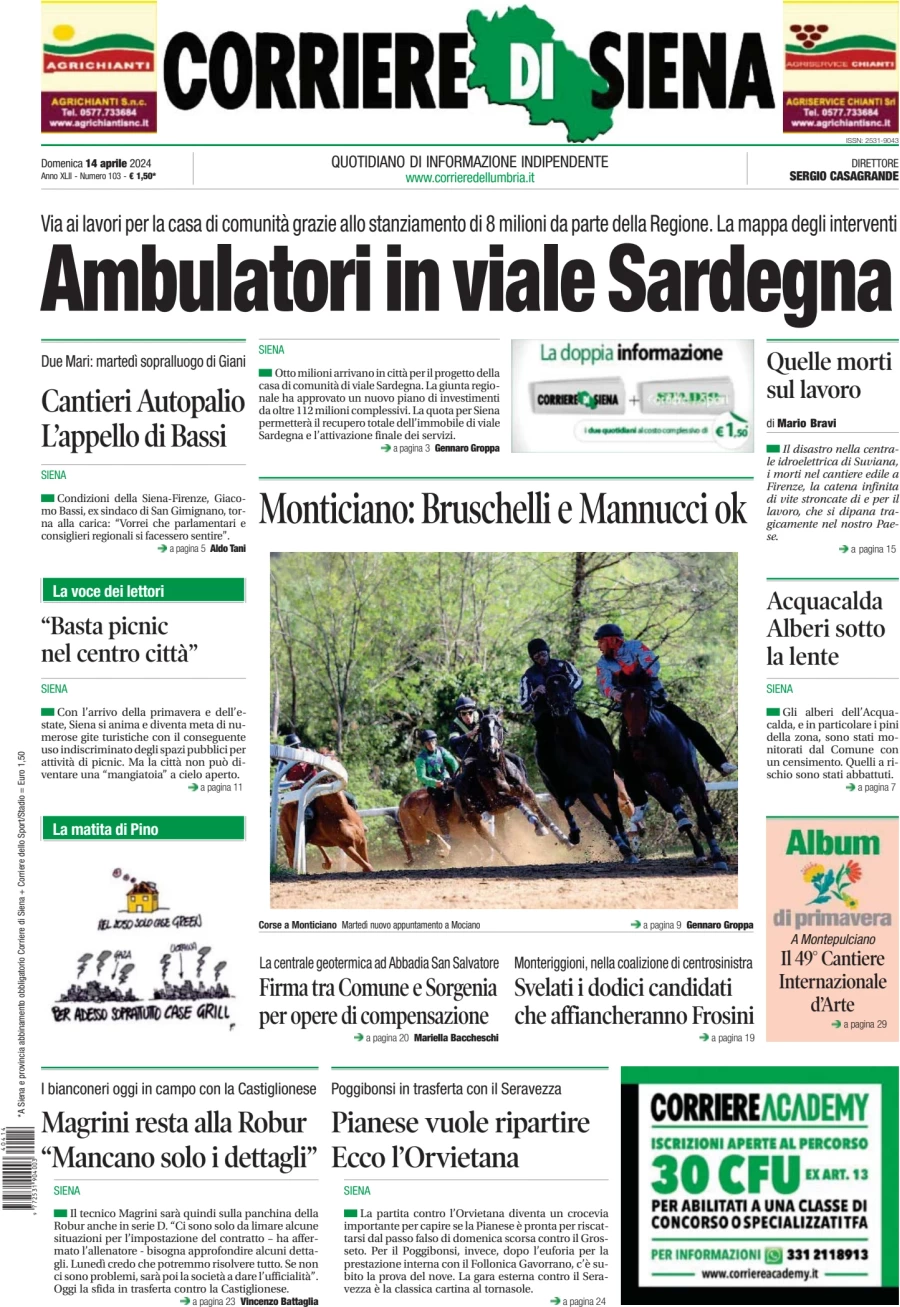 prima pagina - Corriere di Siena del 14/04/2024