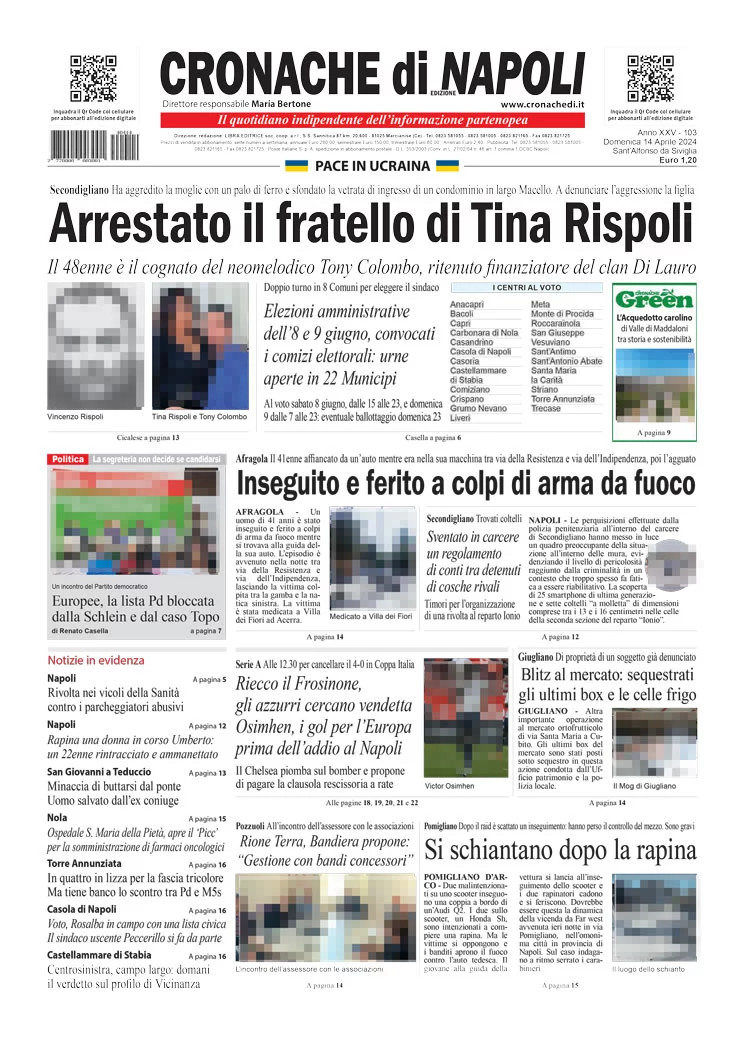 anteprima della prima pagina di cronache-di-napoli del 14/04/2024