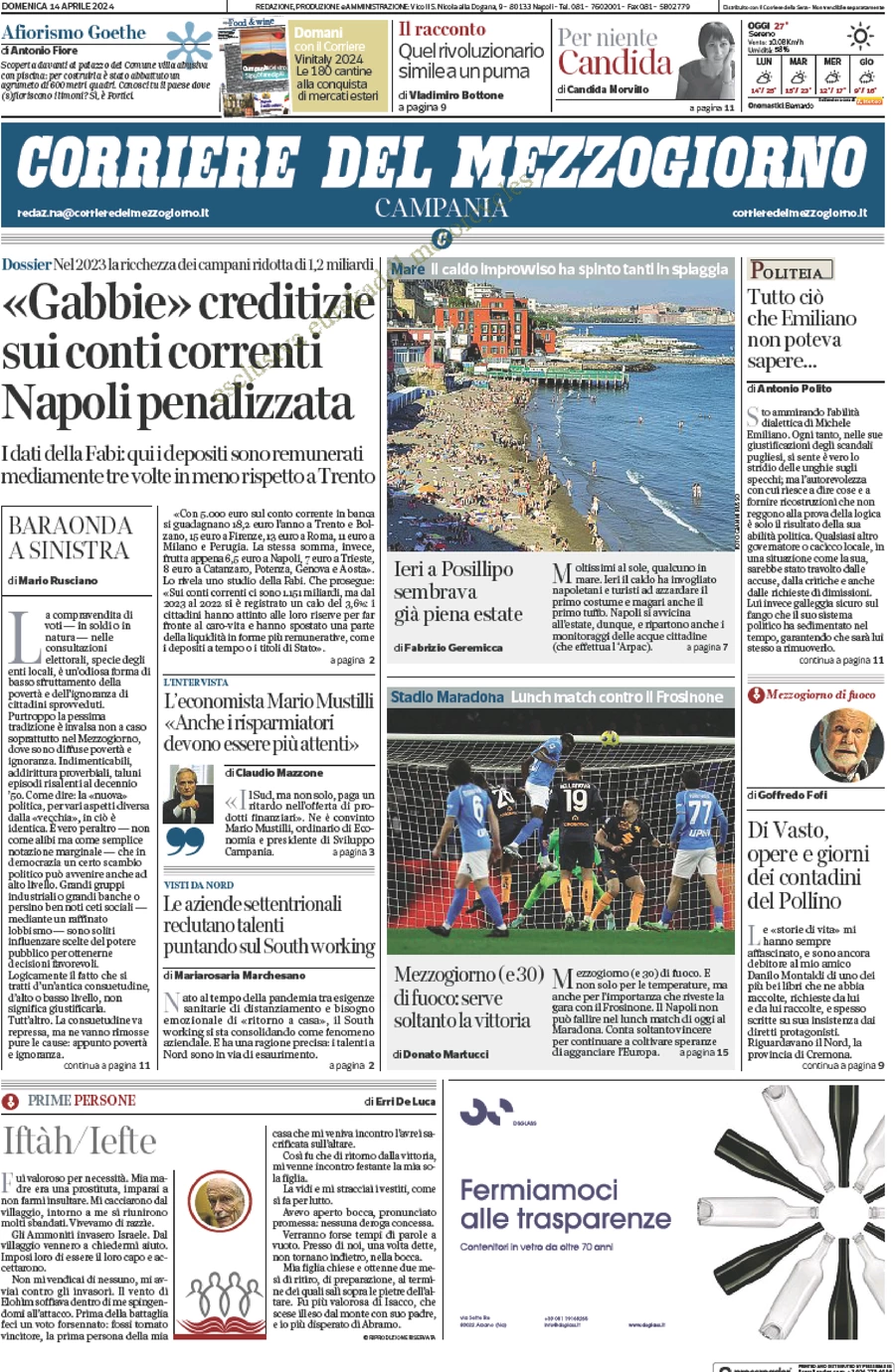 prima pagina - Corriere del Mezzogiorno (Campania) del 14/04/2024