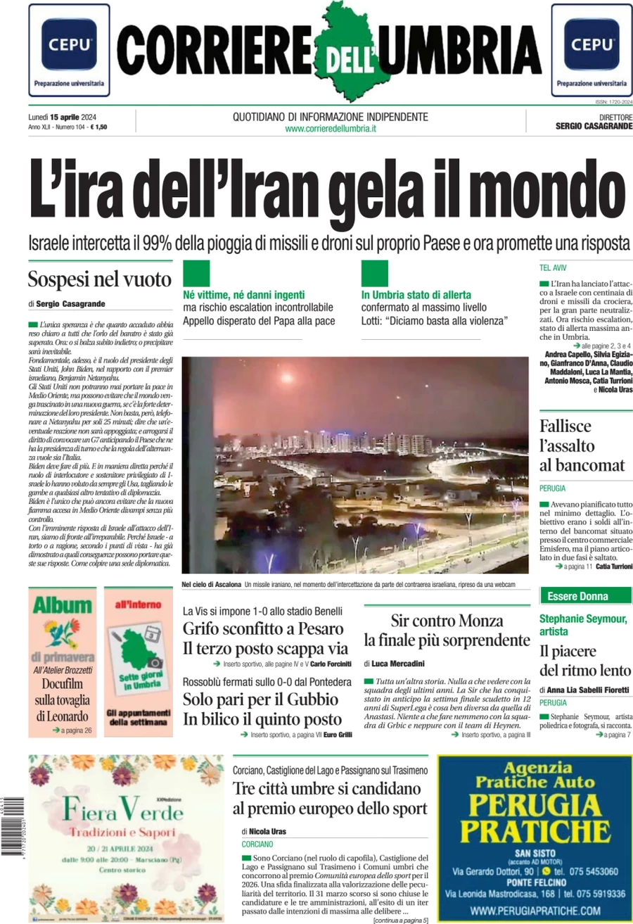 prima pagina - Corriere dell'Umbria del 15/04/2024