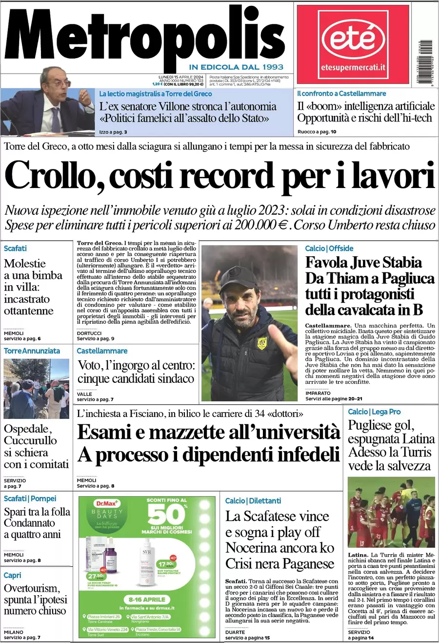 prima pagina - Metropolis (Napoli) del 15/04/2024