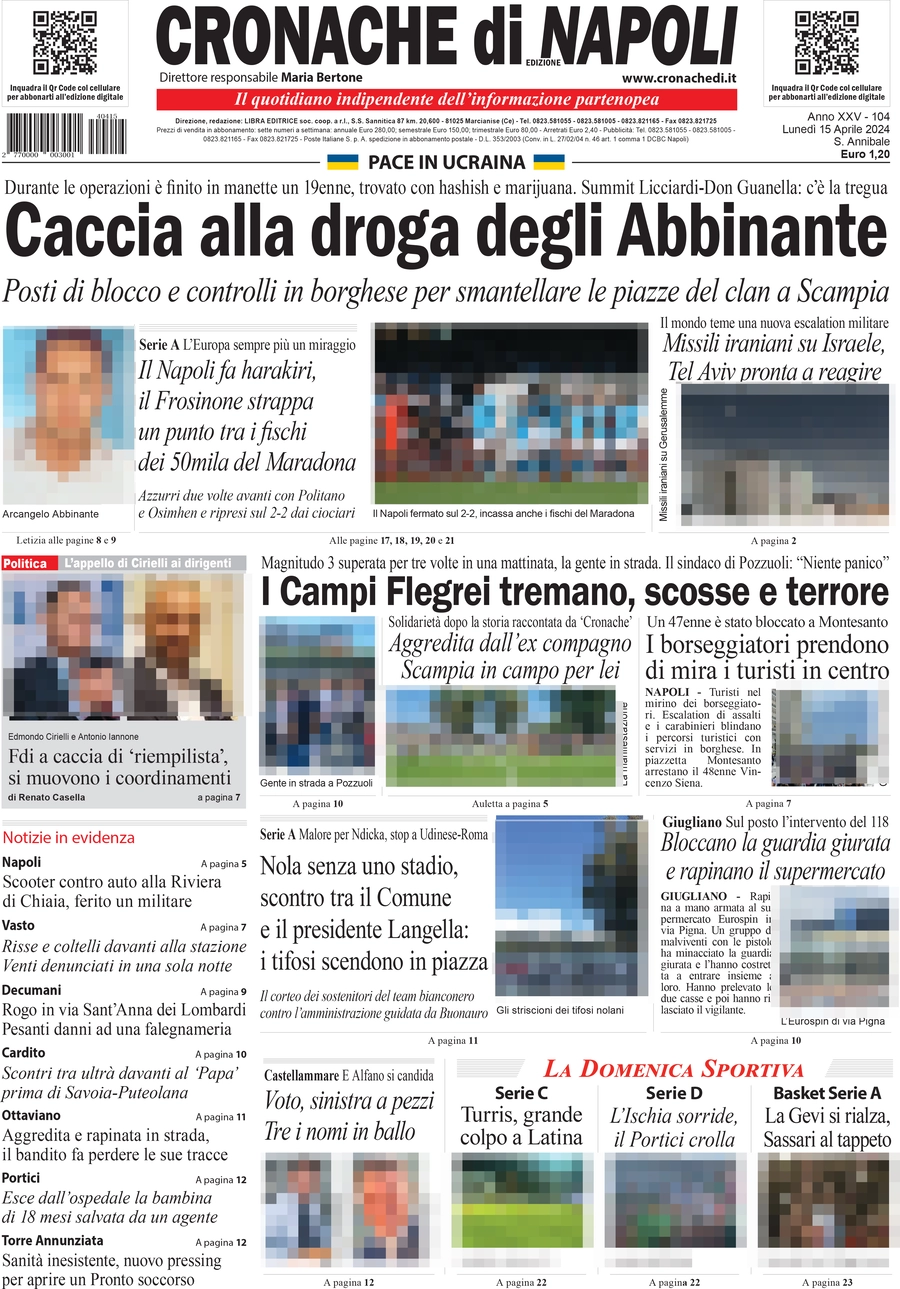 anteprima della prima pagina di cronache-di-napoli del 15/04/2024