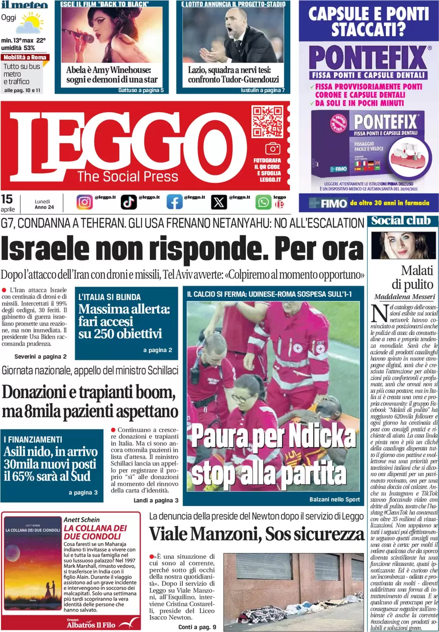 anteprima della prima pagina di leggo-roma del 15/04/2024