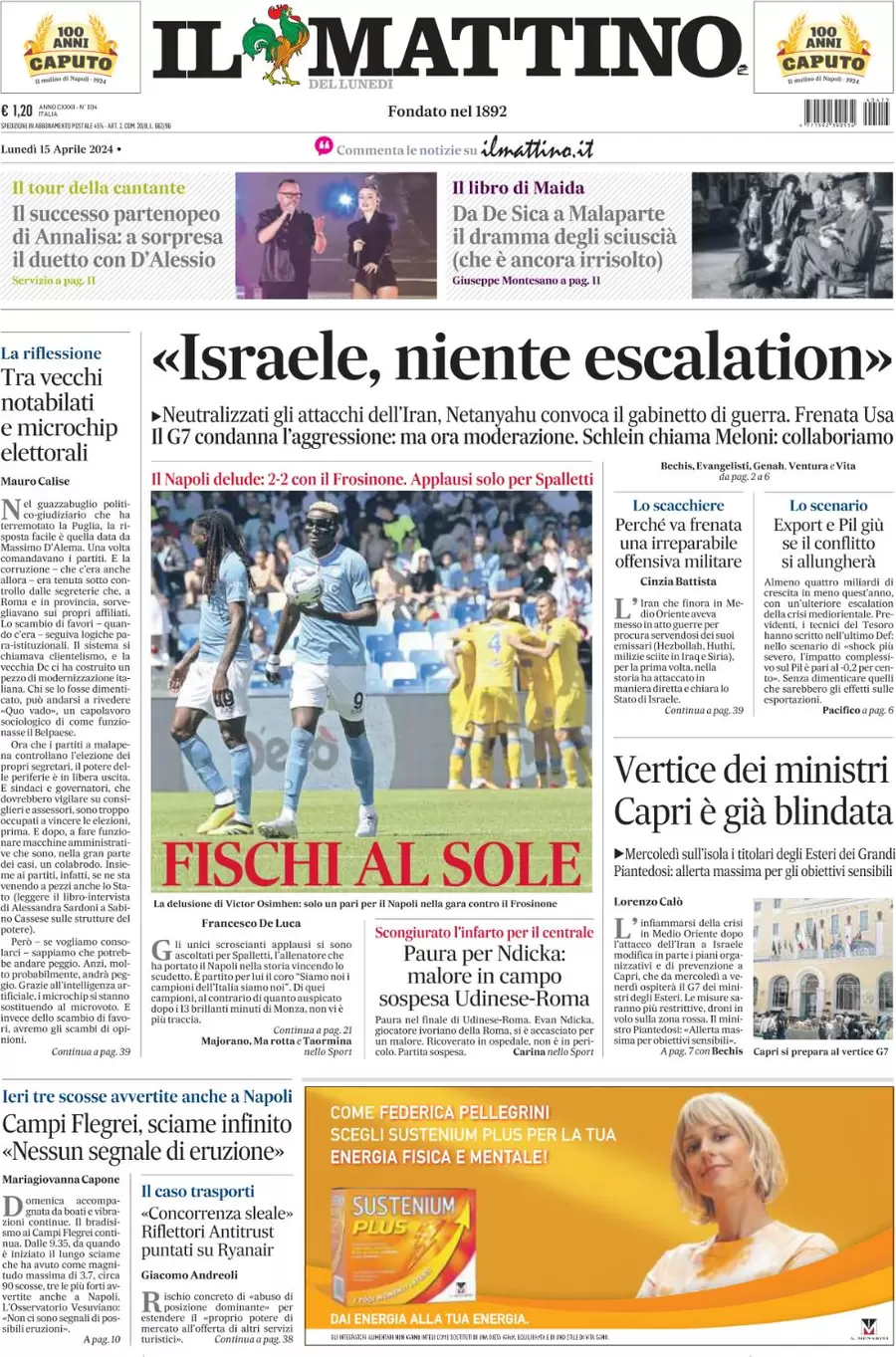 anteprima della prima pagina di il-mattino del 15/04/2024