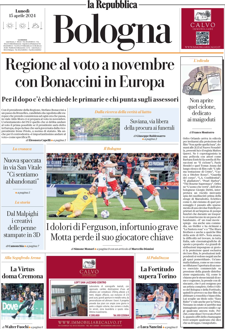 prima pagina - La Repubblica (Bologna) del 15/04/2024