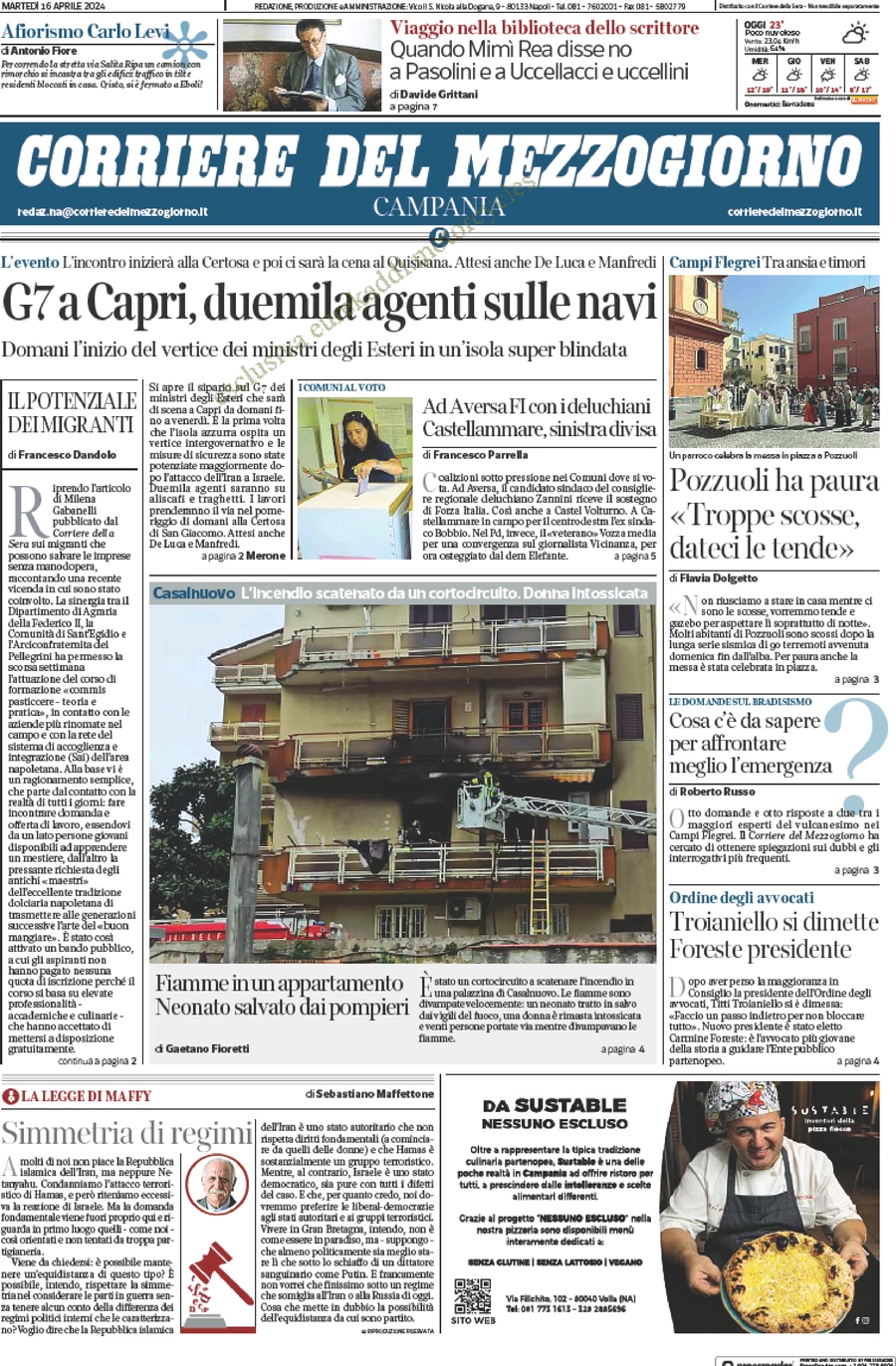 prima pagina - Corriere del Mezzogiorno (Campania) del 16/04/2024