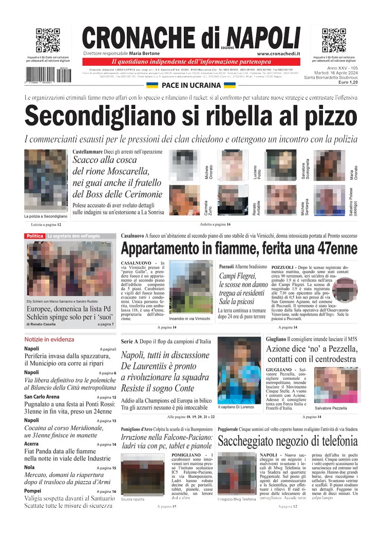 anteprima della prima pagina di cronache-di-napoli del 16/04/2024