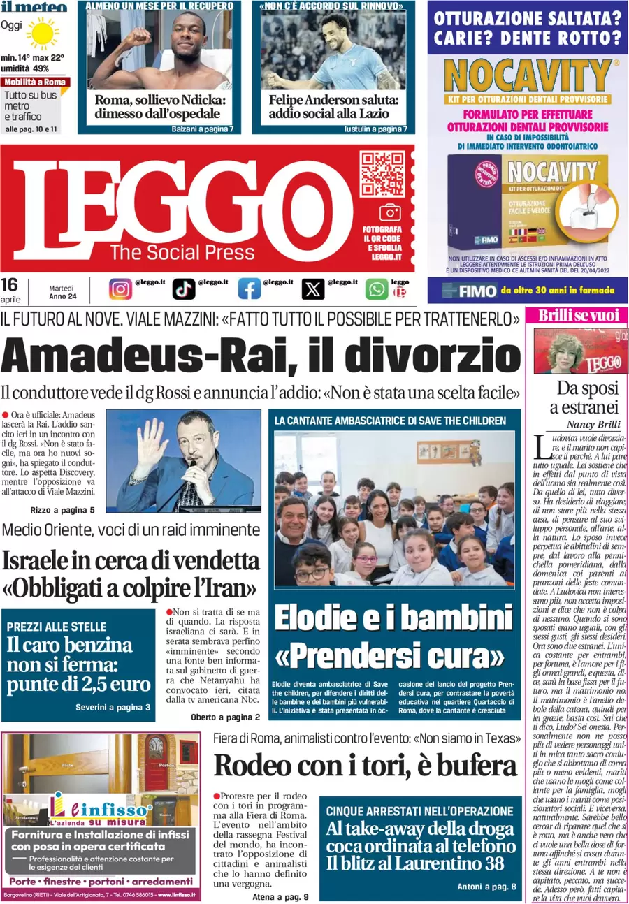 anteprima della prima pagina di leggo-roma del 16/04/2024