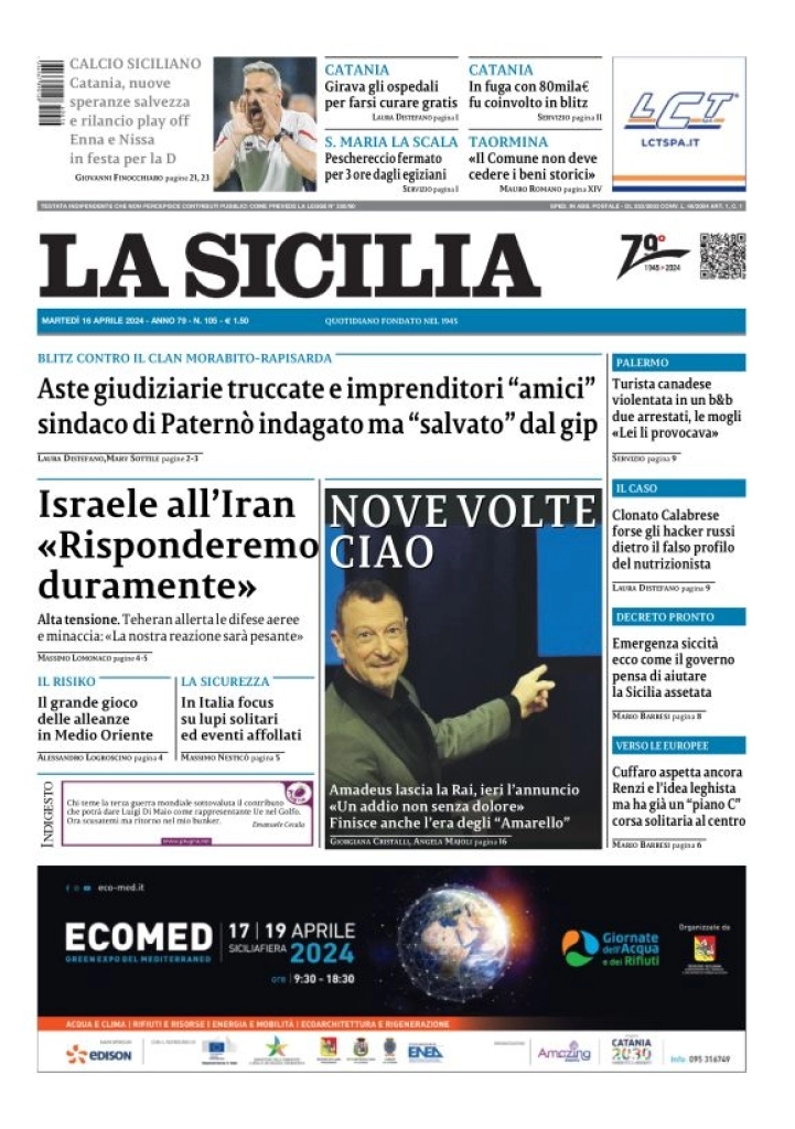 prima pagina - La Sicilia del 16/04/2024