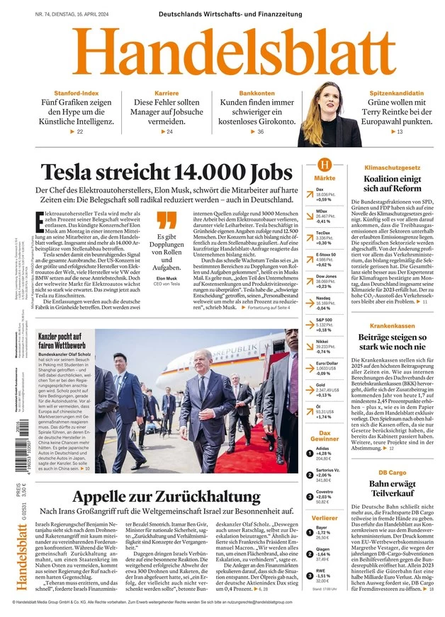prima pagina - Handelsblatt del 16/04/2024