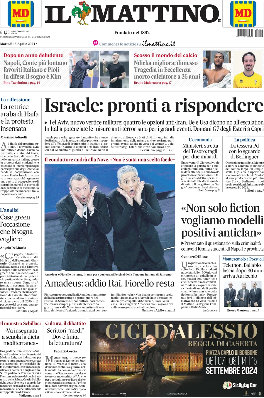 anteprima della prima pagina di il-mattino del 16/04/2024