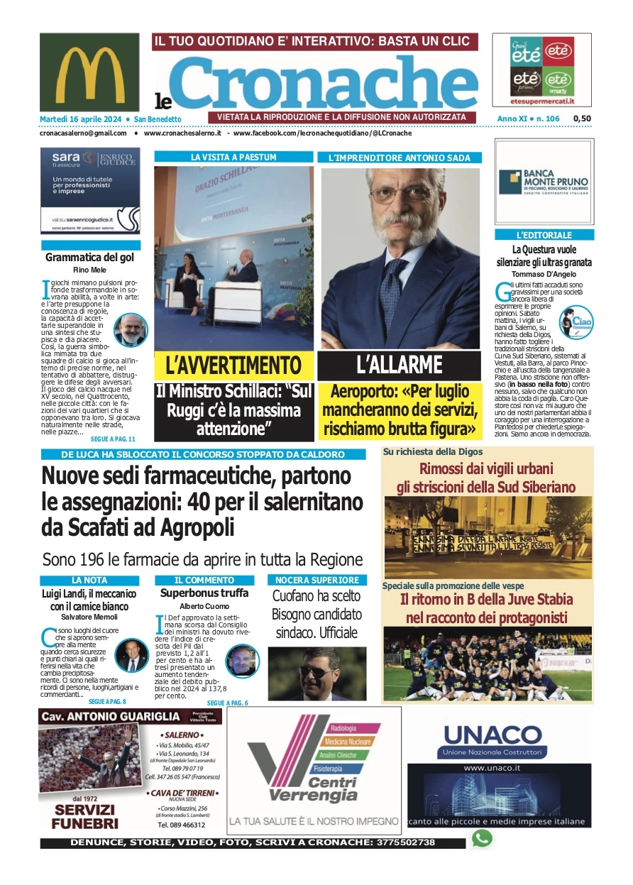 prima pagina - Le Cronache (Salerno) del 16/04/2024