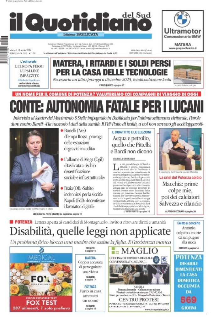 prima pagina - Il Quotidiano del Sud (Basilicata) del 16/04/2024