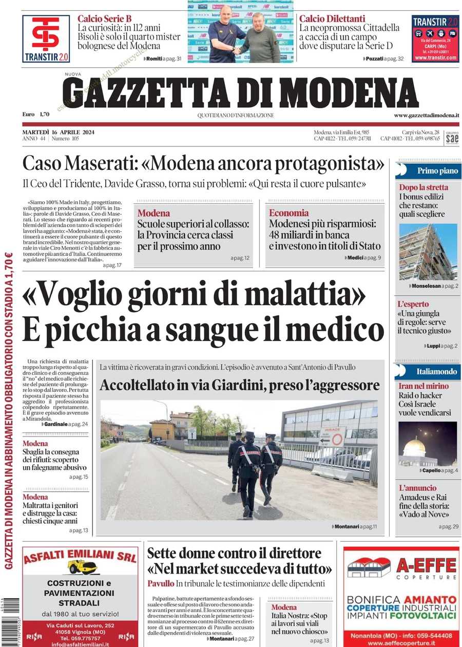 prima pagina - Gazzetta di Modena del 16/04/2024