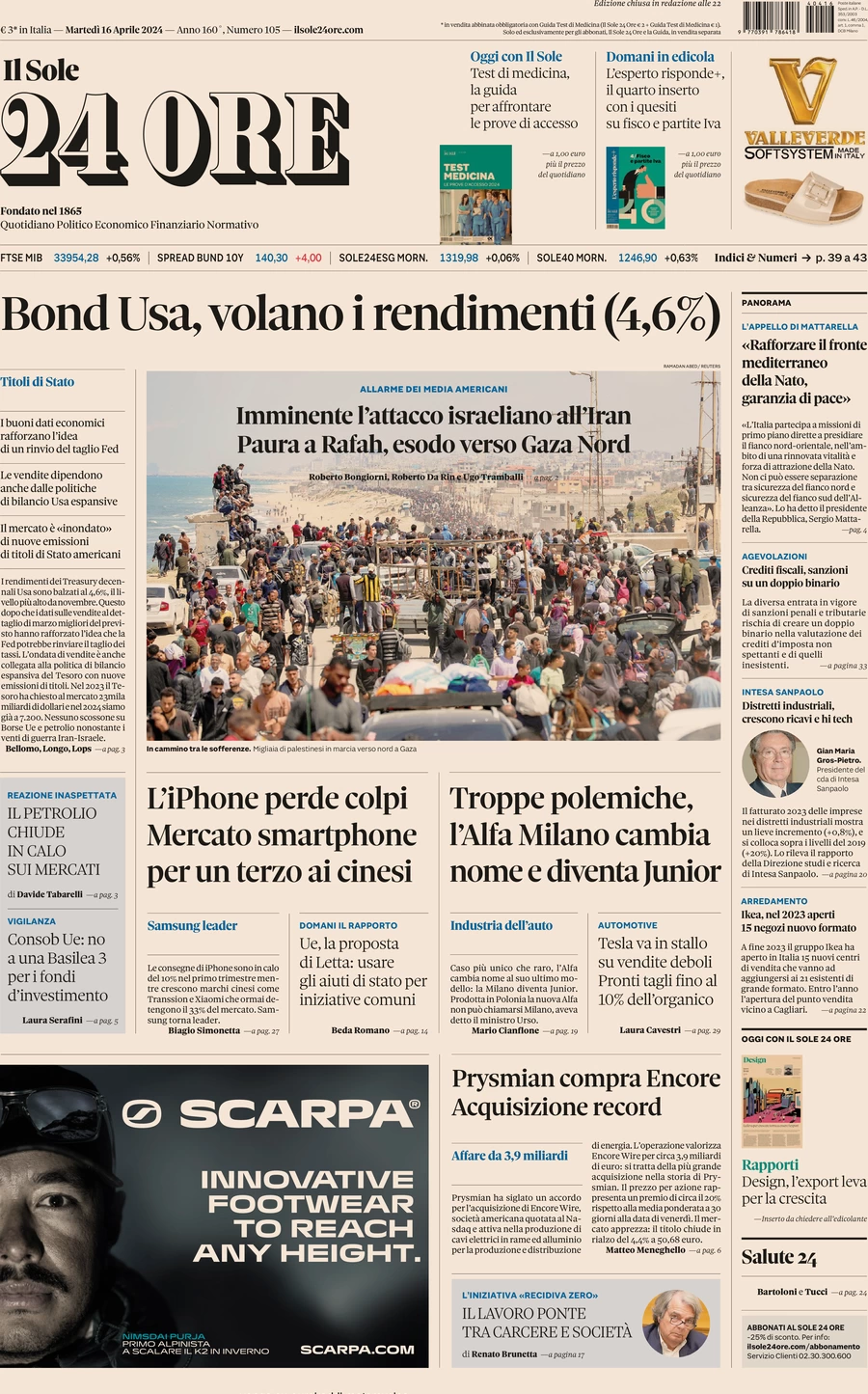 prima pagina - Il Sole 24 Ore del 16/04/2024