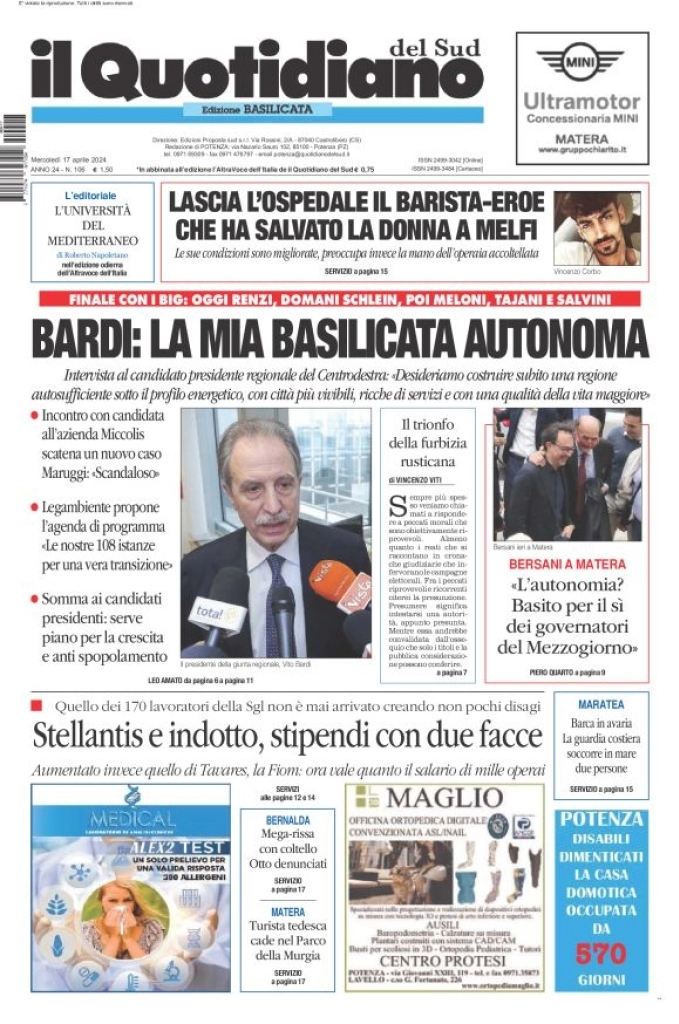 prima pagina - Il Quotidiano del Sud (Basilicata) del 17/04/2024