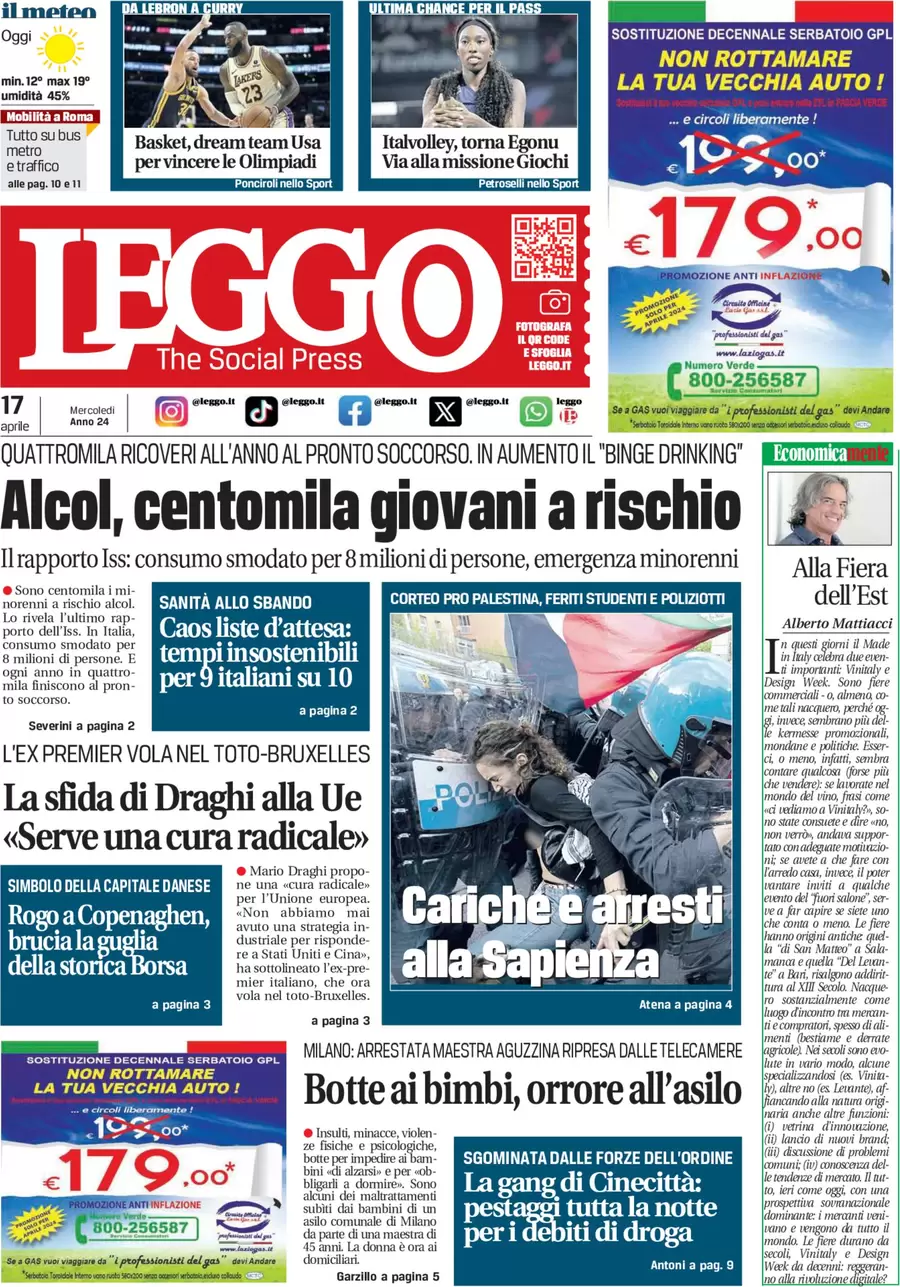 anteprima della prima pagina di leggo-roma del 17/04/2024