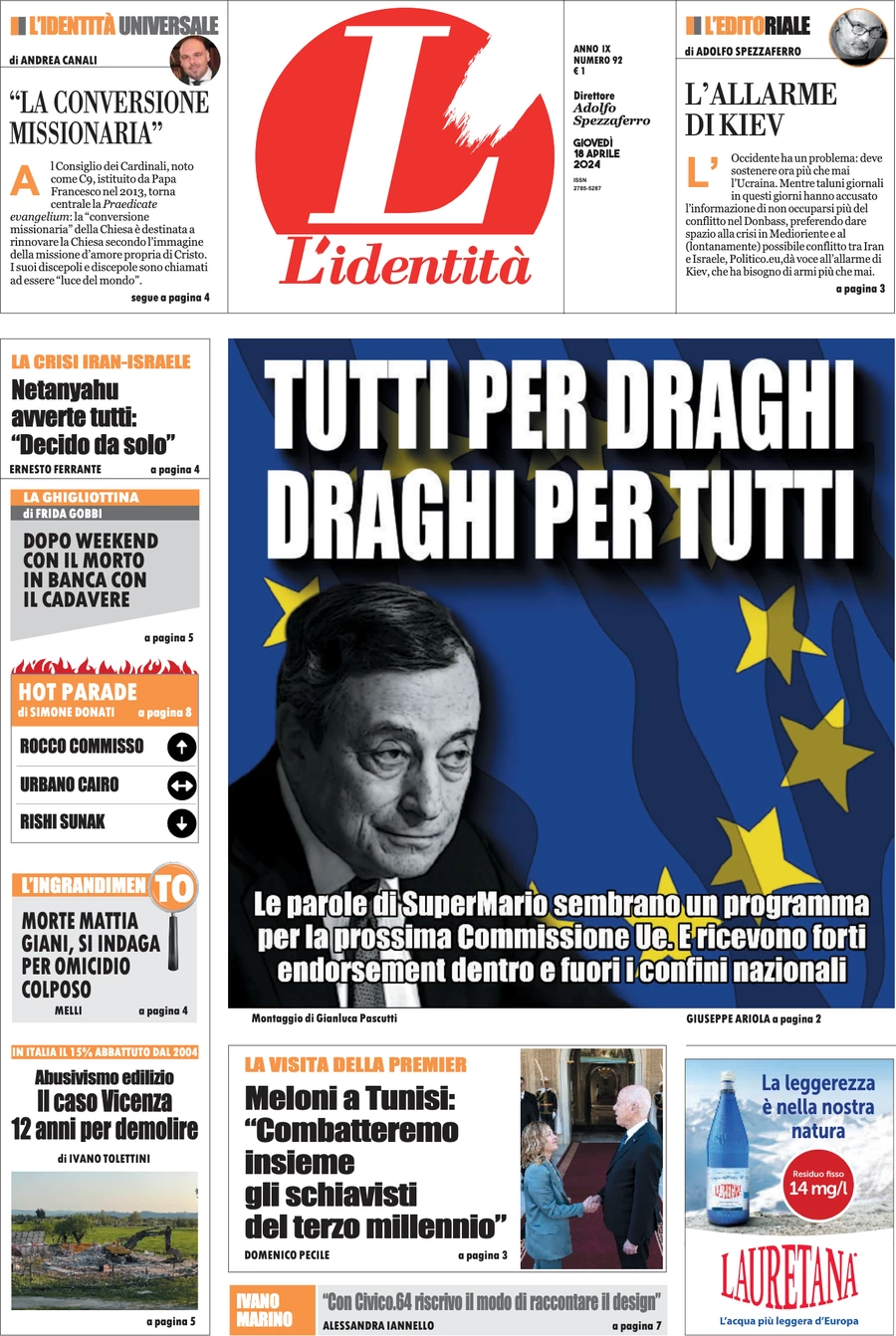 anteprima della prima pagina di lidentit del 17/04/2024