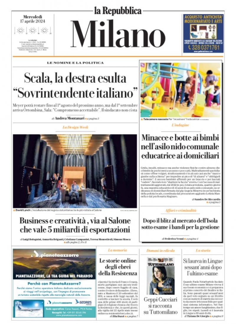 prima pagina - La Repubblica (Milano) del 17/04/2024