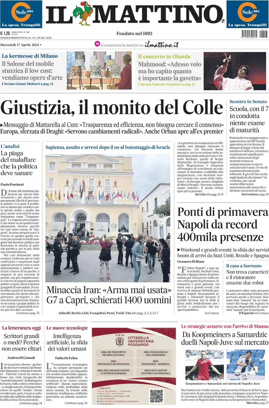 anteprima della prima pagina di il-mattino del 17/04/2024